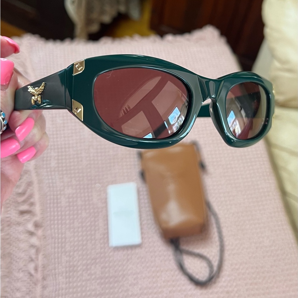 MCM Sunglasses Shiny Dark Green/Bordeaux MADE IN ITALY with Leather Crossbody